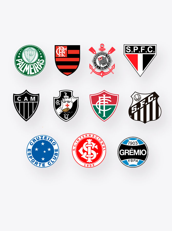 Brasões dos times de futebol brasileiro: Corinthians, São Paulo, Palmeiras, Vasco, Atlético Mineiro, Vasco, Internacional, Grêmio, Cruzeiro, Flamengo, Fluminense, Santos