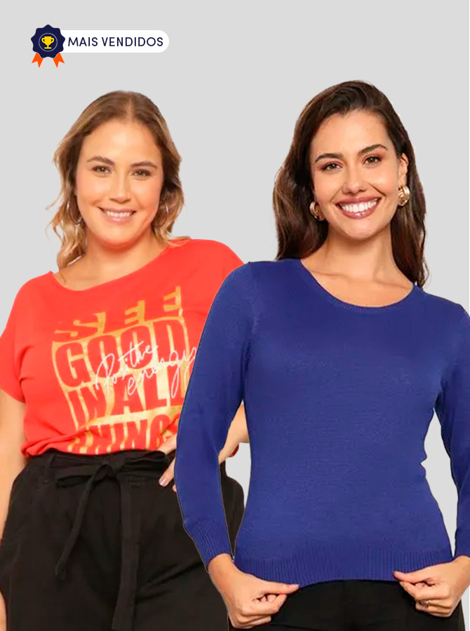 Duas mulheres com blusas casuais uma lisa azul e outra estampada vermelha