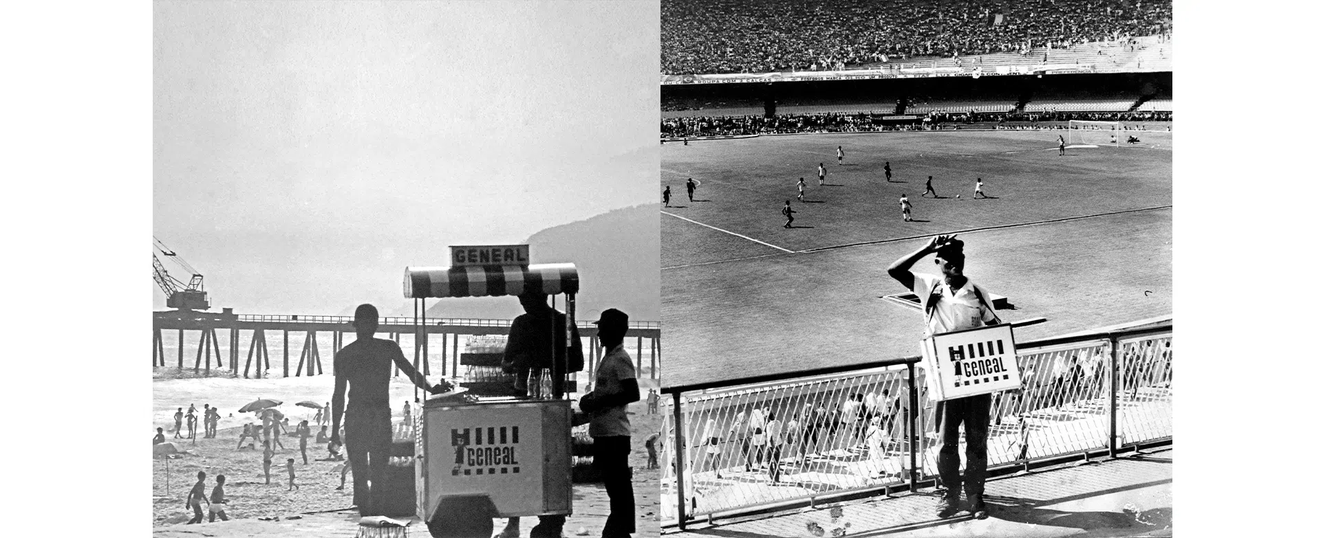 uma imagem dupla, e antiga mostrando o inicio da história da geneal. Em ambas um vendedor, na imagem da esqueda na praia, na direita no estádio de futebol.